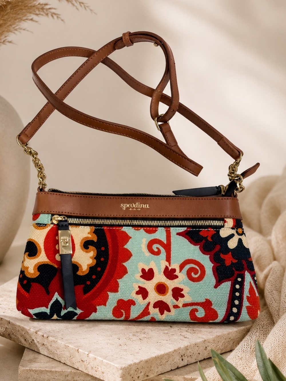 Spartina 449 Paisley Floral Linen Leather Crossbody Bag Aqua Red Blue
